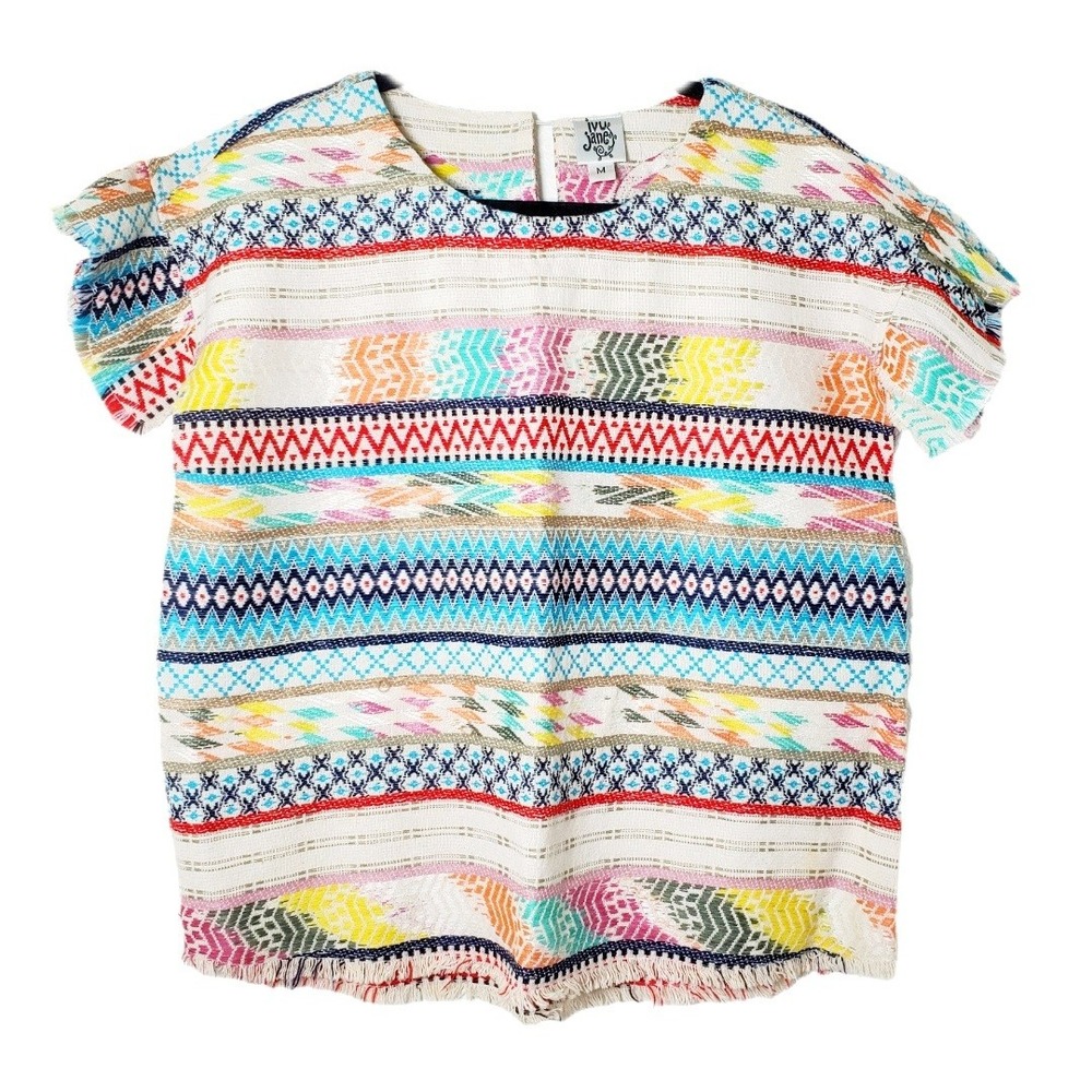 Ivy Jane Multi Color Geometric Striped Fringed Woven Top Womens Size Medium